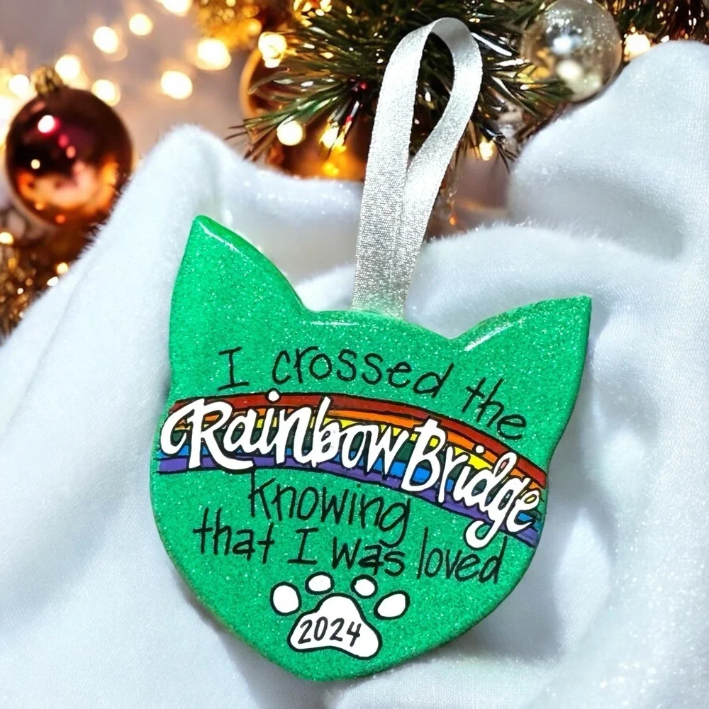 Purr-fect Tribute: Custom Hand-painted Rainbow Bridge Cat Ornament, Personalized